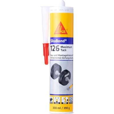 Abbildung von SIKA Montageklebstoff SikaBond 126 Maximum Tack Schwarz starke Anfangshaftung geeignet für Metalle und Baustoffe lösemittelfrei 300 ml