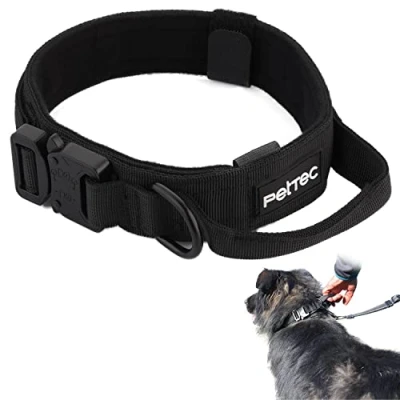 Abbildung von PetTec Hundehalsband aus Neopren &amp; Nylon, Halsband mit Griff für kleine große Hunde weich gepolstert (S XL), äußerst robust wasserabweisend, verstellbar, Set Schleppleine