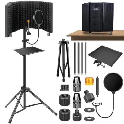 Abbildung von Dmsky Mikrofon Isolationsschild mit Pop Filter und Stativständer, faltbarer Mikrofonschutz dreifacher Schallisolierung, hochdichter Schallschutz für Aufnahmestudio, Gesang, Rundfunk
