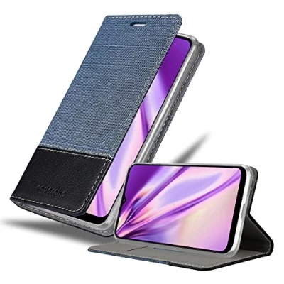 Abbildung von Cadorabo Hülle kompatibel mit Samsung Galaxy A22 5G aus Premium Jeans und Kunst Leder Flip Klappbare Stoßfeste Magnetische [Standfunktion] [Kartenfächern] Cover für Tasche in Blau
