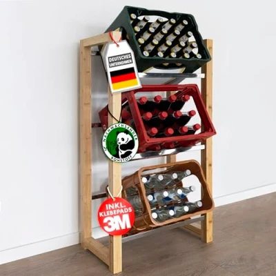 Abbildung von Floordirekt Getränkekistenregal für 3 6 Kisten aus Bambus &amp; Stahl, stabiles und robustes Weinregal, Wasserkistenregal, Bierkistenregal, Kistenständer, Getränkeschrank, Getränkeregal (Flash) (3 Kisten)