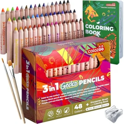 Abbildung von colozoo Gecko Wood 3 In 1 Buntstifte Kinder Set 48 Kinderstifte inklusive 2 Pinsel, Anspitzer und Malbuch ab Jahre Ungiftige Vegane Dicke für Kleinkinder