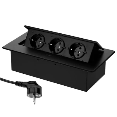 Abbildung von Brollux Versenkbare Einbau Steckdosenleiste 3 Fach Black Edition Aluminium Spritzguss, Softöffnung anschlussfertig mit Kabel und Stecker