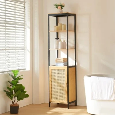Abbildung von [en.casa] Hochschrank Tervola Badezimmerschrank schmaler Badschrank 3 Fächer Beistellschrank Badregal mit 1 Tür in Rattanoptik 172x40x35cm Bambus Schwarz