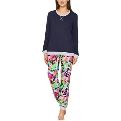 Abbildung von Merry Style Damen Lang Zweiteiliger Schlafanzug aus Baumwolle Pyjama Set Winter MS10 168 (Marineblau Tanzen, L)