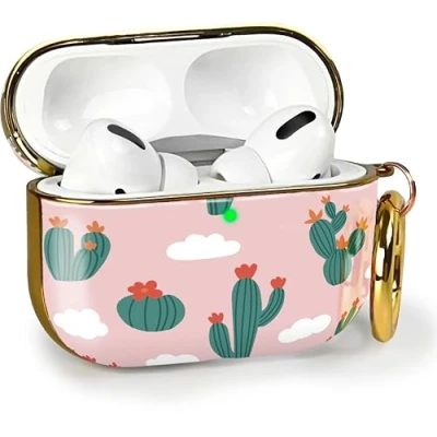 Abbildung von MyGadget Hardcase Hülle [ Kaktus Motiv ] kompatibel mit Apple AirPods Pro (2.Gen 2022) Qi Karabiner LED Licht sichtbar Rosa Grün
