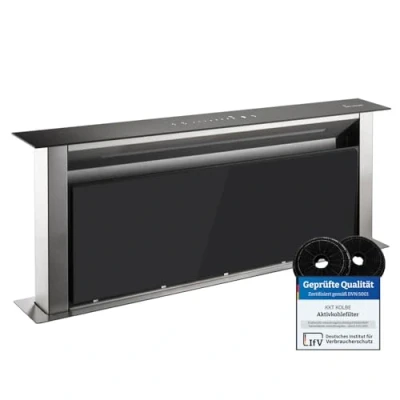 Abbildung von KKT KOLBE Downdraft Dunstabzug 90 cm Tischabzug versenkbar Dunstabzugshaube Edelstahl schwarzes Glas Nachlaufautomatik SensorTouch Bedienung DRAFT865