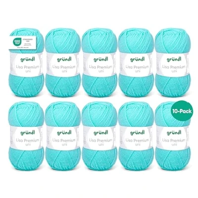 Abbildung von Gründl Wolle Lisa Premium Uni Strickgarn aus 100 % Polyacryl, Garn zum Häkeln/ Stricken 50 g / 133 m, 10 x Knäuel, Pastelltürkis