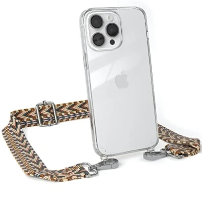 Abbildung von EAZY CASE Handykette Verstellbares Taschenband kompatibel mit iPhone 14 Pro Max, Schulterriemen, Handykordel Silikon Hülle, Umhängetasche, Hell Braun/Braun Clips Silber