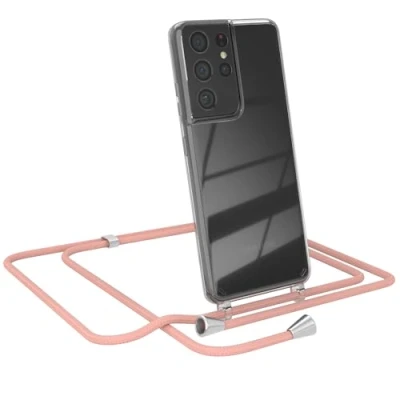 Abbildung von EAZY CASE Smartphone Necklace kompatibel mit Samsung Galaxy S21 Ultra, Tasche Kette Schultertasche Crossbody Bag, Handyhülle zum Umhängeband Kordel in komplett Alt Rosa Endstücken Silber