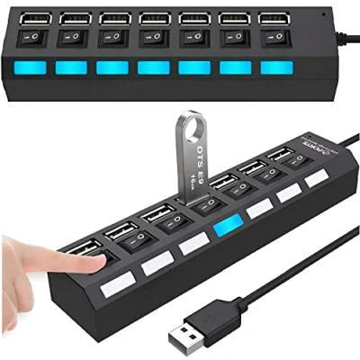 Abbildung von Retoo USB Verteiler Hub Splitter Adapter Super Speed Datenhub 7 Port Laptop (Set, mit Schaltern), Anschlüsse, Schalter, Stromversorgung, Signal Dioden