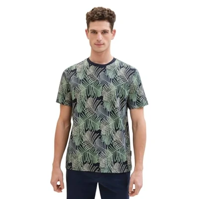 Abbildung von TOM Tailor MIT Allover Tshirt print, Herren, Größe: Large, Navy multicolor leaf design