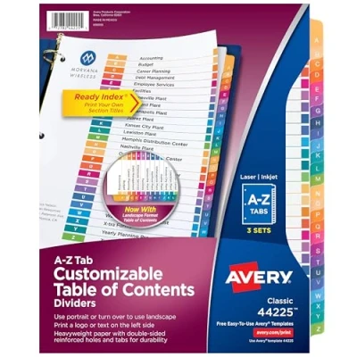Abbildung von Avery A Z Tab Trennblätter für 3 Ringbücher, anpassbares Inhaltsverzeichnis, mehrfarbige Tabs, Sets (44225)