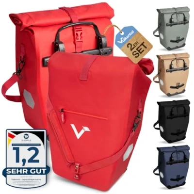 Abbildung von Valkental 2in1 Fahrradtasche aus klimafreundlichem TPU 2er Set 100% Wasserdicht Viele praktische Fächer 23 28L Flexibles Volumen mit Laptopfach Gepäckträgertasche Rot