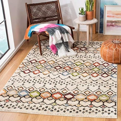 Abbildung von SAFAVIEH Boho Teppich für Wohnzimmer, Esszimmer, Schlafzimmer Amsterdam Collection, Kurzer Flor, Elfenbein und Multi, 91 X cm