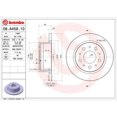 Abbildung von BREMBO 08.A459.10 Bremsscheibe 300 16 5 voll FIAT: Ducato III Bus, Pritsche / Fahrgestell, Kastenwagen