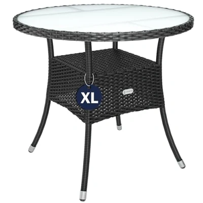Abbildung von Casaria® Polyrattan Gartentisch 80cm Rund 5mm Sicherheitsglas Höhenverstellbar 80kg Belastbarkeit Wetterfest Terrasse Balkon Beistelltisch Tisch Schwarz