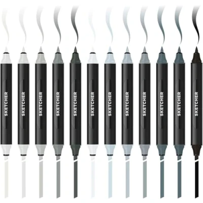 Abbildung von Molotow Sketcher Twinmarker Grey Kit 2 (Brush Tip &amp; 3mm Keilspitze, farbintensive Aqua Pro Tinte, schnelltrocknend, für die Anwendung auf Papier) 12 Stifte in kühlen Grautönen