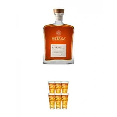 Abbildung von Metaxa PRIVATE RESERVE 0,7 Liter + SPYROS mit Eichstrich 2cl und 4cl 6 x Gläser