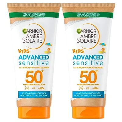 Abbildung von Garnier Ambre Solaire Kids Advanced Sensitive LSF 50+ Sonnenmilch, sehr hoher Schutz, hypoallergen, 2 Flaschen à 50 ml