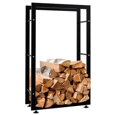 Abbildung von CLP Kaminholzständer Keri V2 I Aus Schwarzem Metall Kaminholzregal Mit Bodenschonern Stapelhilfe Für Brennholz, Farbe:schwarz, Größe:25x60x100 cm