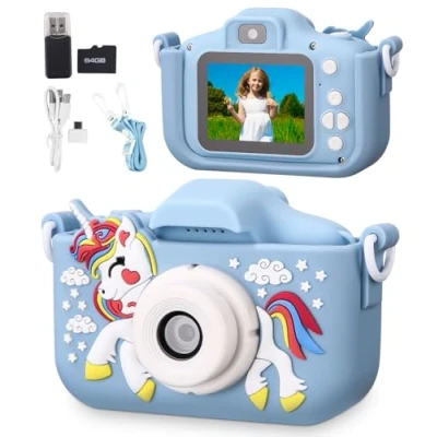 Abbildung von Kinderkamera,Kinder Kamera 1080P Bildschirm Kinder mit 64GB Karte Selfie Digitalkamera Fotoapparat für 3 12 Jungen Mädchen Geburtstagsgeschenk Weihnachten Spielzeug