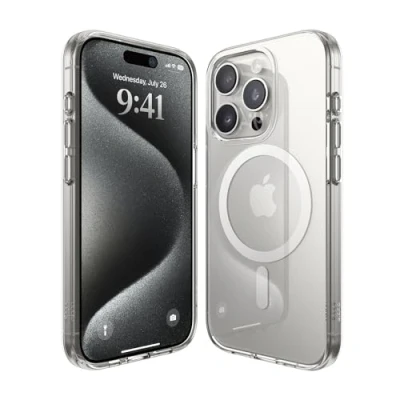 Abbildung von elago Magnetische Hybrid Transparent Hülle Kompatibel mit iPhone 15 Pro Hülle, MagSafe, PC+TPU Technologie, US Military Grade Fallschutz, Reduzierte Vergilbung (Weiß)