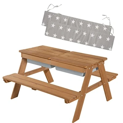 Abbildung von roba Kindersitzgarnitur Outdoor + Spielwannen &amp; Sitzkissen Sitzgruppe aus wetterfestem Massivholz Garten Sitzgarnitur Matschtisch für Kinder Teak