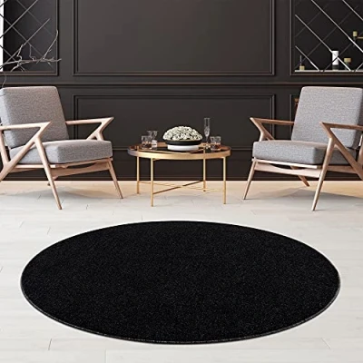 Abbildung von Fashion4Home Teppich Wohnzimmer Einfarbig Teppich, Uni fürs Kinderzimmer, Schlafzimmer, Arbeitszimmer, Büro, Flur und Küche Kurzflor Anthrazit Schwarz, Größe: 200 cm Rund