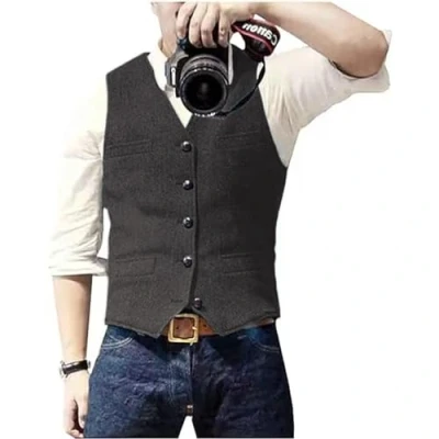 Abbildung von Solovedress Herren Casual Wolle Fischgrätmuster Anzug Weste V Ausschnitt Tweed für Hochzeit Groomsmen(Grau.XL)