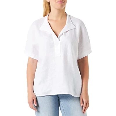 Abbildung von Gerry Weber Damen Blusenshirt aus Leinen überschnittene Schultern, Kurzarm T Shirt 1/2 Arm unifarben weiß/weiß 34