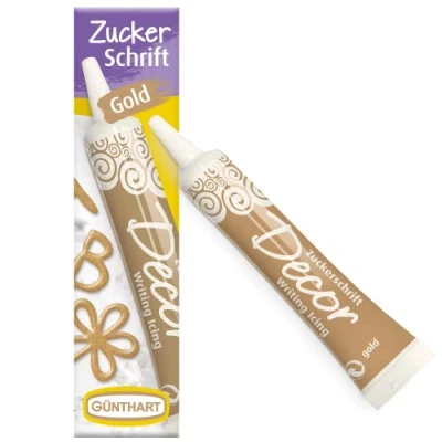 Abbildung von Günthart BackDecor 25 gr Zuckerschrift GOLD für jegliche Süßspeisen in goldener Farbe aus Zucker schöne Schriftzüge und Muster, 1er Pack (25 gr)