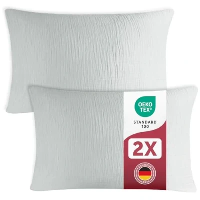 Abbildung von Blumtal Musselin Kissenbezug 40x80 cm im 2er Set Oeko TEX zertifiziertes Kopfkissen Bezug 40 x 80 100% Baumwolle Blau