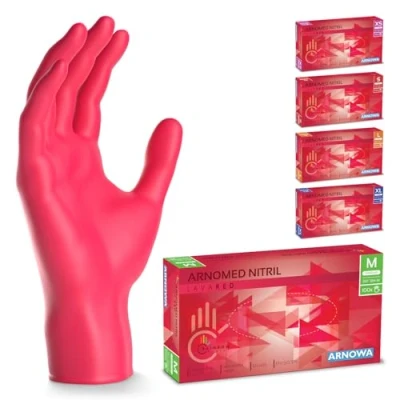 Abbildung von 500 Stück ARNOMED Einweghandschuhe Rot, Einmalhandschuhe M, Nitril Handschuhe Einweg, Nitrilhandschuhe puderfrei, Gummihandschuhe Schutzhandschuhe, in XS, S, L, XL