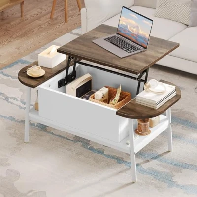 Abbildung von YITAHOME Couchtisch mit Hebeplatte, Wohnzimmertisch Höhenverstellbar Verstecktem Ablagefach, Beistelltisch Elliptisch Stauraum für Home Office, Sofa Tische Wohnzimmer, 100X50X42CM