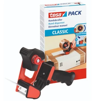 Abbildung von tesa Handabroller CLASSIC Universeller Abroller für Klebebänder mit robuster Metallhalterung Paketbänder bis zu 50 mm Breite
