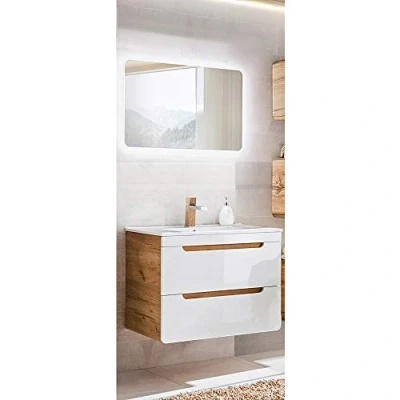 Abbildung von Lomadox Badmöbel Waschplatz Set Hochglanz weiß, Wotan Eiche Nb. mit 80 cm Waschtisch Unterschrank Keramik Waschbecken &amp; LED Spiegel