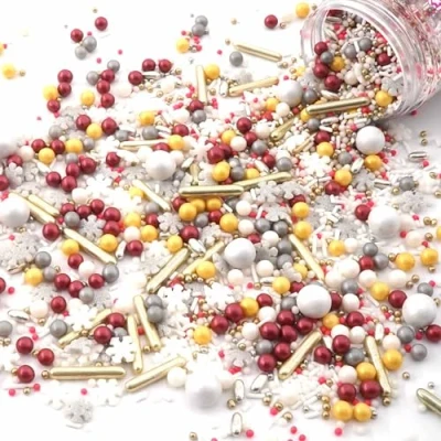 Abbildung von STREUSEL Weihnachten Feliz Navidad 180g weiss gelb bordeaux silber GLÜCK Weihnachtsstreusel Zuckerstreusel Sprinkles Christmas Tortendeko Plätzchen verzieren Kuchenstreusel