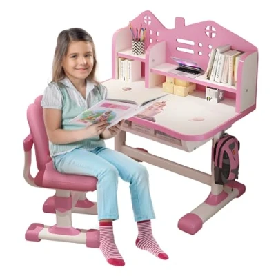 Abbildung von joukares Funktionales Schreibtisch und Stuhl Set für Kinder, höhenverstellbar, Kinderschreibtisch mit Aufbewahrungsschublade, Schüler Schlafzimmer, Rosa