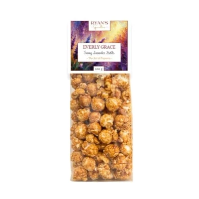 Abbildung von Everly Grace Popcorn Sunny Lavender Fields, 100 g Gourmet Tüte mit Zitronen Lavendel Überzug, Handgefertigt in Deutschland, Sommerlicher Snack blumiger Note