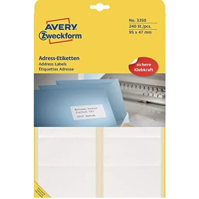 Abbildung von AVERY Zweckform 3350 Adress Etiketten (Papier matt, 240 Etiketten, 95 x 47 mm, 20 Blatt) weiß