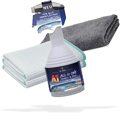 Abbildung von detailmate Dr. Wack Glasreiniger Set: Dr.Wack A1 All in One Innen &amp; Glas Reiniger 500ml + DPremium Mikrofasertuch 320GSM Mikrofaser Waffeltuch Auto Scheibenreinigung