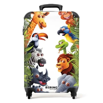 Abbildung von NoBoringSuitcases.com® Kinderkoffer Kindertrolley Handgepäck Koffer Klein Reisekoffer mit Rollen Geschenk Tiere Grün Dschungel Kindergepäck Kleiner Koffer, 55x40x20