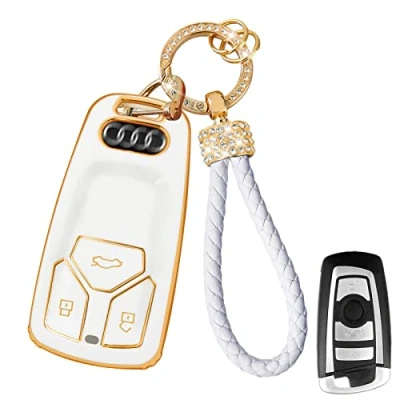 Abbildung von Yumzeco Silicone TPU Autoschlüssel Hülle Cover, 3 Tasten Cover Kompatibel mit A4 B9 A5 A6L S4 S5 S7 8W Q7 4M TT TTS RS, Auto Keyless Smartkey Schutzhülle Schlüsselbund Weiß