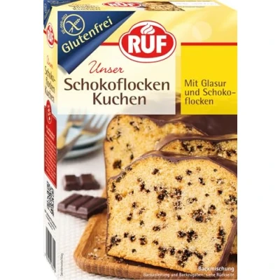 Abbildung von RUF glutenfreier Schokoflocken Kuchen mit Kakaoglasur und Schoko Stückchen, fluffig schokoladig, Kuchen, Zöliakie geeignet