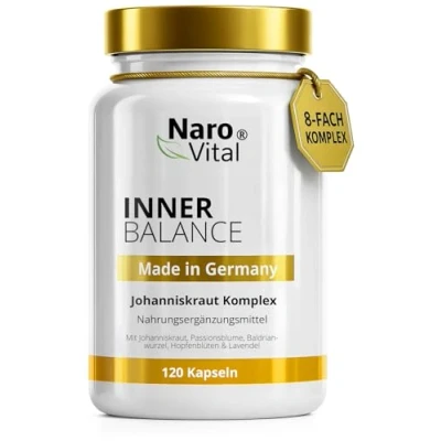Abbildung von Johanniskraut Komplex Passionsblume, Baldrian, Hopfen &amp; Lavendel Extrakt Kapseln hochdosiert Anti Stress Stimmungsaufheller Beruhigungsmittel 120 I NaroVital Inner Balance
