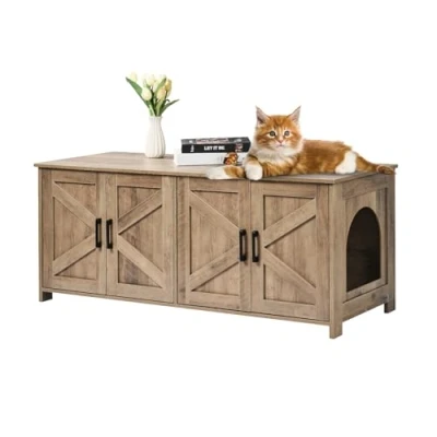 Abbildung von VEVOR Katzenschrank, Katzenklo Schrank versteckt mit Doppelräumen, Katzentoilettenschrank aus Holz, passend für die meisten Katzentoiletten, 1,19 m L x 0,46 B 0,5 H, Greige