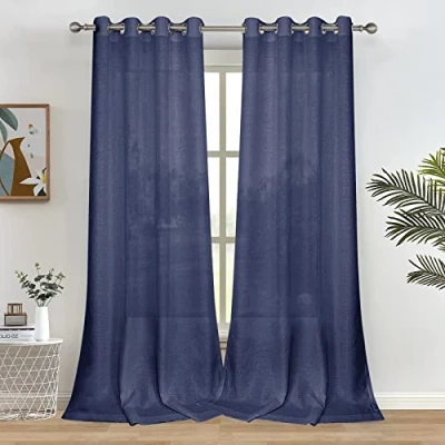 Abbildung von Melodieux Marineblaue, halbdurchsichtige Vorhänge, 244 cm lang, für Wohnzimmer, Schlafzimmer, Flachs, Leinen, mit Ösen, Voile 132 x cm, 2 Bahnen