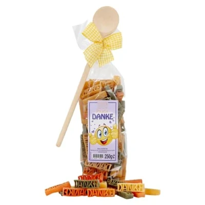 Abbildung von Bull &amp; Bear `Danke&#039; Pasta Geschenkset, 250g Nudeln mit Schriftzug und Holzlöffel