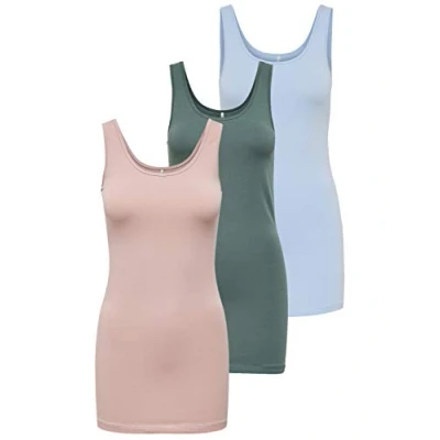 Abbildung von ONLY 3er Pack Damen Oberteile Basic Tank Tops weiß, schwarz, grau, blau, Creme Frauen Shirt lang Sommer Shirts Top 15201465 (M, FarbMix 2)